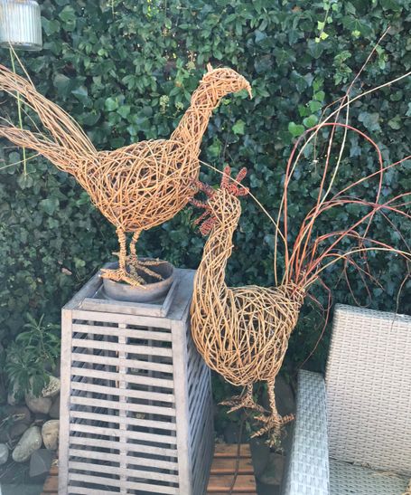 A pheasant and a cockrel, made from willow